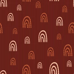 Wallpaper murals Bordeaux Vector dotted rainbow childish seamless pattern background. Rich earthy brown backdrop with hand drawn rainbows and dots. Geometric curved shapes weather symbol design. Fun repeat for kids, scrapbook