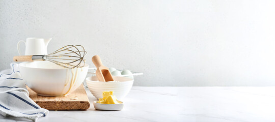 Preparation of dough for home pancakes for Breakfast or for Maslenitsa. Ingredients on the table -...