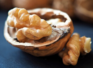 Half of a walnut with a kernel. Macro photography