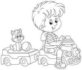 Happy little boy playing with his cute small kitten and riding on a toy train in a nursery room, black and white outline vector cartoon illustration for a coloring book page