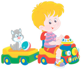 Obraz na płótnie Canvas Happy little boy playing with his cute small kitten and riding on a colorful toy train, vector cartoon illustration isolated on a white background