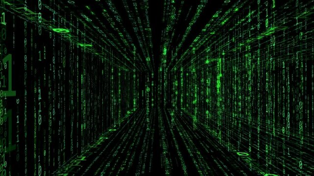 green matrix binary code tunnel animation