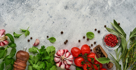 Fototapeta na wymiar Food cooking background. Fresh saffron, garlic, cilantro, basil, cherry tomatoes, peppers and olive oil, spices herbs and vegetables at light grey slate table. Food ingredients top view.
