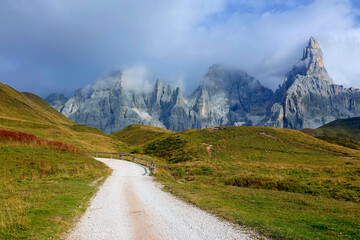 View of majestic massif of Pale di San Martino in San Martino di Castrozza, Italy
