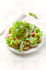 Salad with red and green Tomatoes and Pomegranate Seeds on bright wooden Background. Close up.