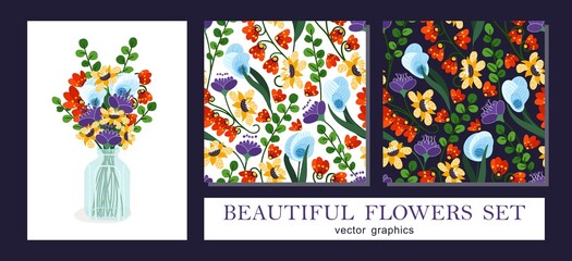 Cute bouquet of flowers in a vase. Bright simple graphics in a cartoon style. Floral set of bouquet and seamless patterns. Vector template © vectornaya