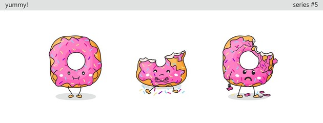 Donut. Set of cute kawaii characters. Funny cartoon fast food icons in different situations. Vector comic style graphics
