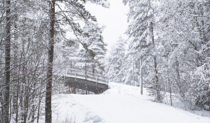Winter landscape. Ski track in europe, winter sport. Ski slope in Lahti Finland