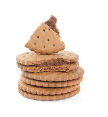 Tasty chocolate sandwich cookies with cream on white background