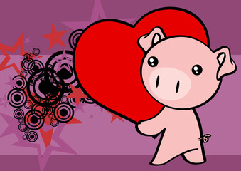 kawaii valentine pink pig cartoon character holding red heart background illustration in vector format