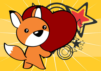 kawaii valentine fox cartoon character holding red heart background illustration in vector format