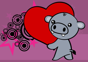kawaii valentine hippo cartoon character holding red heart background illustration in vector format