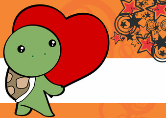 kawaii valentine turtle cartoon character holding red heart background illustration in vector format