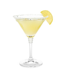 Glass of delicious bee's knees cocktail with sugar rim and lemon isolated on white