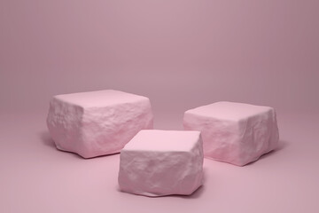 Podium to accommodate three subjects. Pedestal in the form of pink stone blocks on a pink background. 3D render.