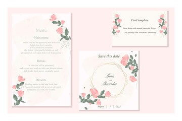 A set of templates for a wedding invitation, save the date, RSVP, congratulations. Vector postcards cards with flowers and greenery in watercolor style.