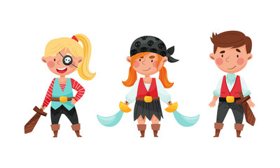 Happy kids dressed in pirate costumes holding daggers having fun at pirate party cartoon vector illustration