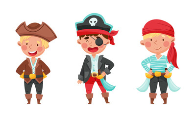 Happy little boys dressed in pirate costumes having fun at pirate party cartoon vector illustration