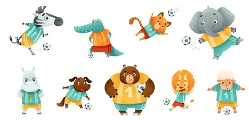 Team of wild animals playing soccer. Cute lion, zebra, cat, elephant, dog, sheep, bear, crocodile football mascots in sports uniform cartoon vector illustration