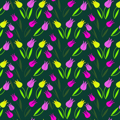 spring pattern with multicolored tulips on a dark turquoise background. good for prints of fabric