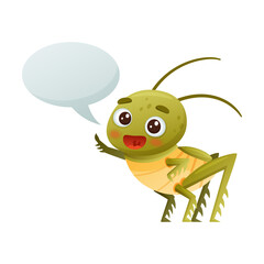 Cute green grasshopper with blank speech bubble. Funny baby insect mascot cartoon character vector illustration