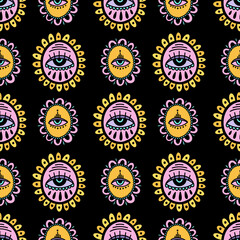 Seamless pattern Evil eye third element hand drawn.Esoteric mystic symbol,authentic icon.