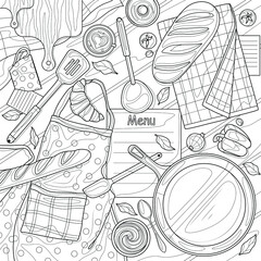 Kitchen utensils and food. Flatley.Coloring book antistress for children and adults. Illustration isolated on white background. Zen-tangle style. Hand draw