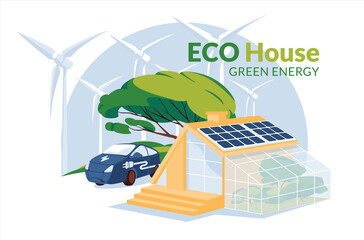 eco house with solar panels and electric car green energy concept. web icon and infographic. Recycle and renewble enerrgy home concept. Flat vector iluustration