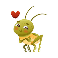 Cute green enamored grasshopper with red heart. Funny baby insect mascot cartoon character vector illustration
