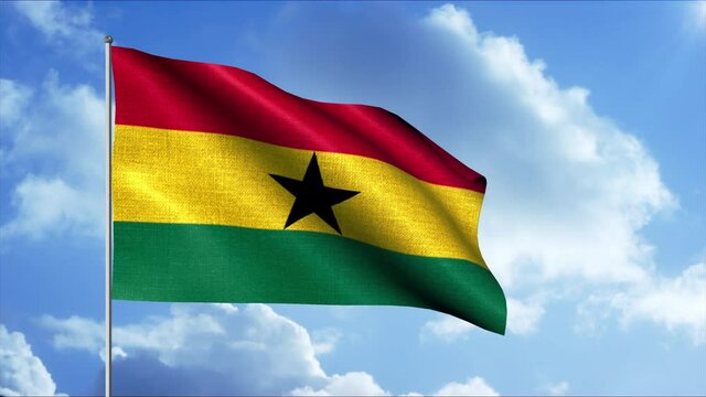 Ghana national flag waving on flagpole on blue sky background, seamless loop. Motion. Striped colorful flag with a black star.
