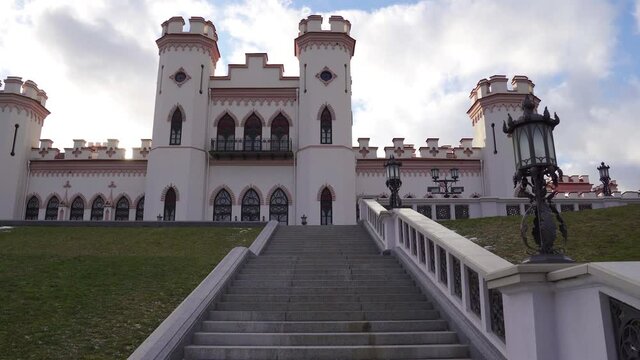 Puslovsky Palace. Winter Kosovo Castle in Belarus, Climbing the Stairs