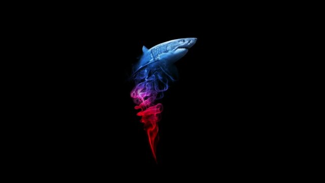 the great white shark in colorful red and blue animated smoke
