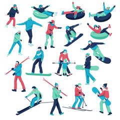 A large set of different characters dressed in winter clothes for snowboarding and skiing. Men's and women's ski snowboards, tubing and ice skating. Winter sports. 