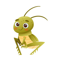 Cute little green grasshopper. Funny adorable baby insect cartoon character vector illustration
