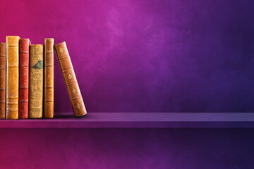 Row of old books on purple shelf. Horizontal background