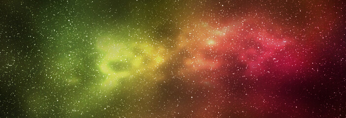 Night starry sky and bright yellow red galaxy, horizontal background banner