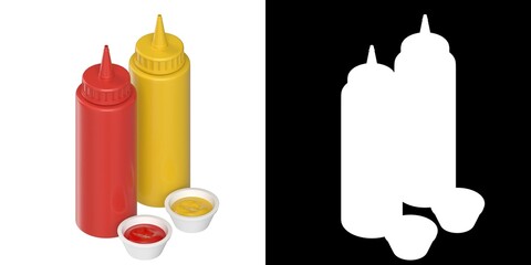 3D rendering illustration of ketchup and mustard bottles