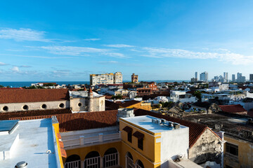 Cartagena, Bolivar, Colombia. November 3, 2021: Panoramic landscape of old city with blue sky.
