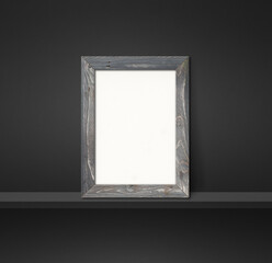 Wooden picture frame leaning on a black shelf. 3d illustration. Square background