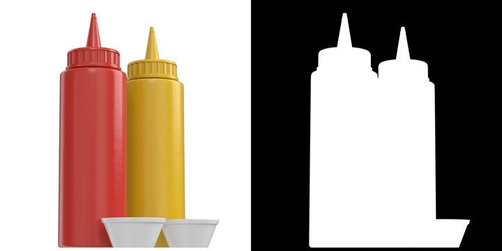 3D rendering illustration of ketchup and mustard bottles
