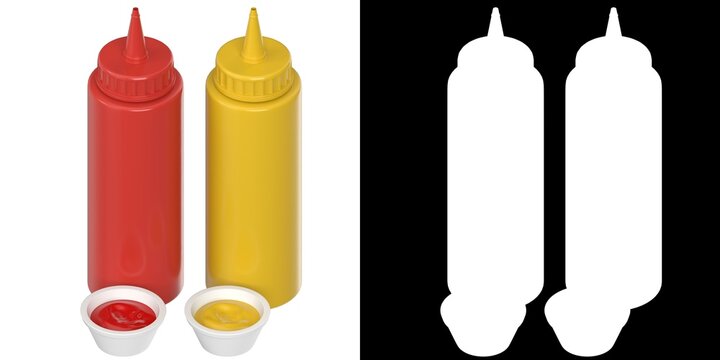 3D rendering illustration of ketchup and mustard bottles
