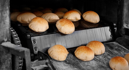 Egypt traditional pita bread in oven conveyor Industry