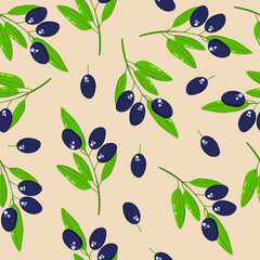 Vector seamless pattern with branches of dark olives. Flat cartoon illustration on a light background.