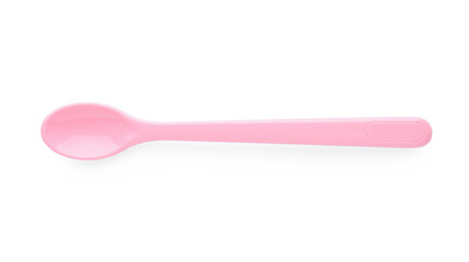 Plastic spoon isolated on white, top view. Serving baby food