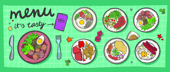 Food in a bowl. great set for breakfast, lunch and dinner. Hand drawn.