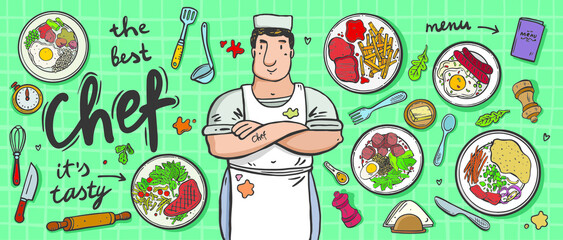 Cheerful chef. Different elements of professional kitchen and restaurant. Food in a bowl. great set for breakfast, lunch and dinner. Hand drawn.