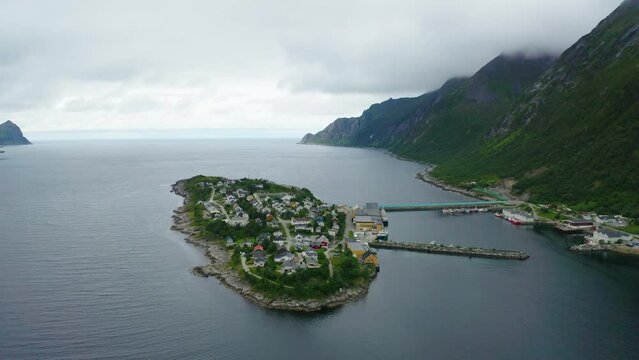 Flying towards the Husoy fishing village on the Senja Island, Norway