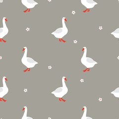 Seamless cartoon geese pattern. Cute goose simple print in flat style. Vector illustration