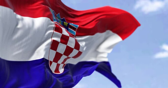 Detail of the national flag of Croatia waving in the wind on a clear day