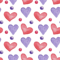 Cute red and purple hearts. Watercolor illustration. Seamless pattern. Valentine's Day. Can be used for wallpaper, fill web page background, surface textures